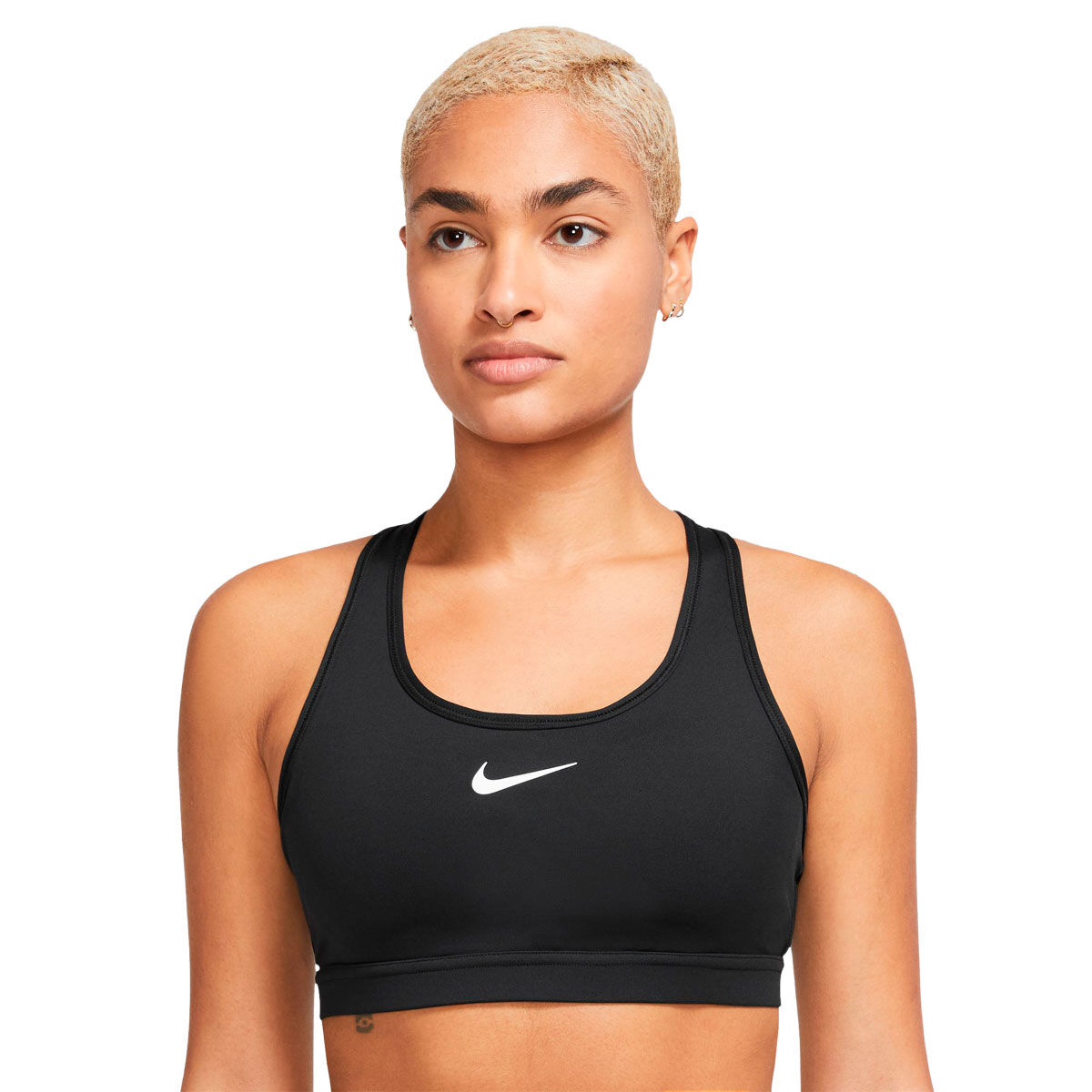 Nike Womens Swoosh Dri-FIT Medium Support Padded Sports Bra, Black/White, rebel_hi-res