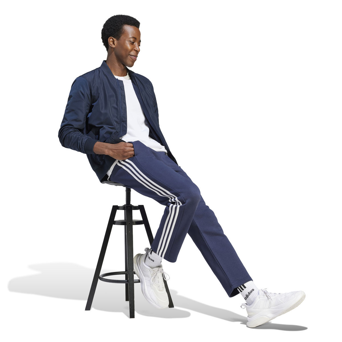 adidas Mens Essentials Fleece Open Hem 3-Stripes Pants Navy/White XL ...