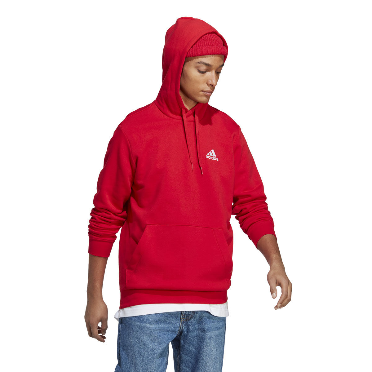 adidas Mens Essentials Feel Cozy Pullover Fleece Hoodie, Red, rebel_hi-res