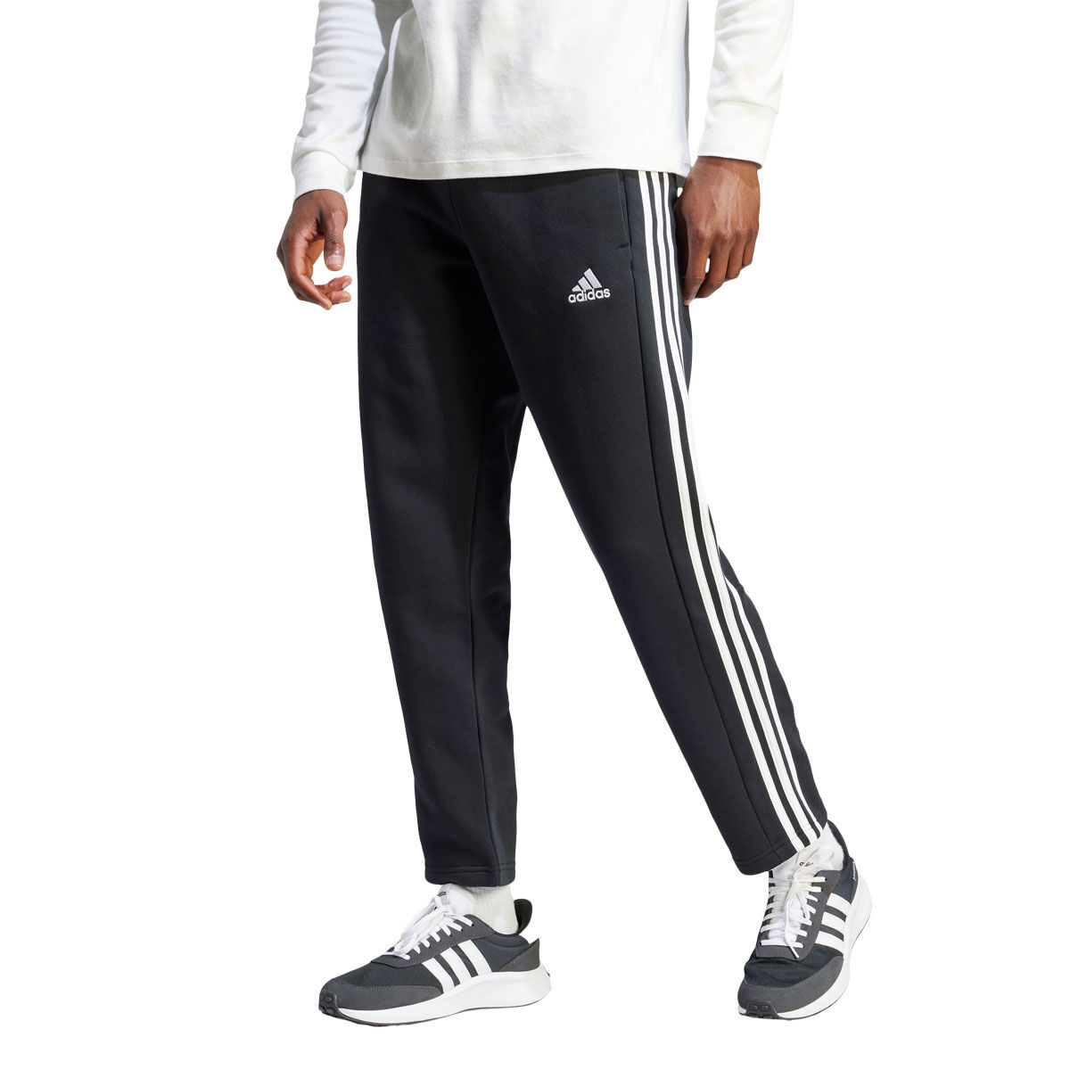 adidas Mens Essentials 3-Stripes Fleece Open Hem Track Pants, Black/White, rebel_hi-res